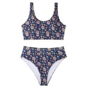 Womens 2 Piece Swimsuit Small Blue Ditsy Scoop Neck Floral Bikini High Cut Cheek